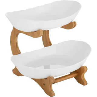 Fyssnn 2-Stöckige Obstschale Obstserviertablett Modern Obstkorbständer Obstschale mit Bambusholzständer Geeignet für Tische Hochzeiten Partys Schautische Nachmittagstee usw (Weiß)