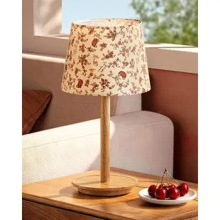 EDISHINE Nachttischlampe Landhaus Stoffschirm mit Vintage-Blumenmuster, LED wechselbar, 2700K Warmweiß, Tischlampe mit Massivholzsockel, 2700K Warmweiß, inkl. 4W LED rot