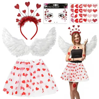 WZBBJuser Amor-Kostüm, Karneval Kostüme Amor Set, Karneval Damen Tüllrock, Valentinstag Herz Stirnband Pailletten, Gesicht Aufkleber, Valentinstag Herz Kostüm für Karneval Fasching Mottoparty Cosplay