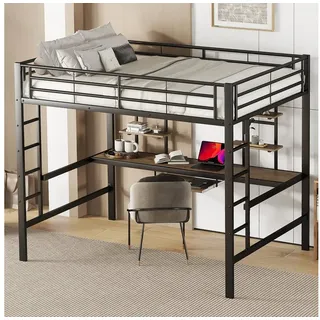 OKWISH Bett Eisenbett, Hochbett, Metallbett (mit Schreibtisch und zwei Bücherregalen, 140x200cm), Ohne Matratze schwarz