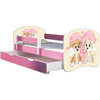 Kinderbett Jugendbett mit einer Schublade und Matratze Rausfallschutz Rosa 70 x 140 80 x 160 80 x 180 ACMA II (12 Welpen, 70 x 140 cm + Bettkasten)