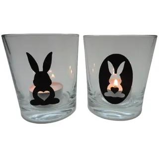 2er Set Teelicht Glas Windlicht print "Hasen mit Herz" schwarz Ostern Handmade