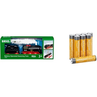 BRIO World 33884 Batterie-Dampflok mit Wassertank - Lokomotive mit echtem kühlen Dampf und Wasserbehälter - ab 3 Jahren & Amazon Basics AAA-Alkalibatterien, leistungsstark, 1,5 V, 8 Stück