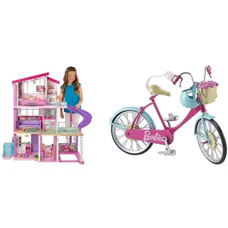 Barbie GNH53 Traumvilla Dreamhouse Adventures Puppenhaus mit 3 Etagen, 8 Zimmer & Fahrrad - Pinker Rahmen, drehende Pedale, inkl. Helm & Blumenkorb, für Barbie-Puppe separat erhältlich, DVX55