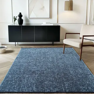 Carpetsale24 Baumwolle Teppich Blau 140x200 cm Waschbar, Boho-Stil, Vintage Kelim, Kurzflor, rutschfest & Weich, Einfarbig Meliert, Für Wohnzimmer, Schlafzimmer, Büro & Küche