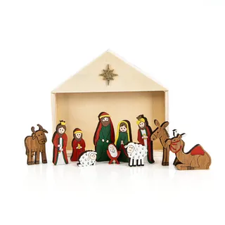 Logbuch-Verlag Weihnachtskrippe aus Holz 12-teilig – Bunte Heilige Familie & Figuren im Stall – kindliche Krippe für Weihnachten
