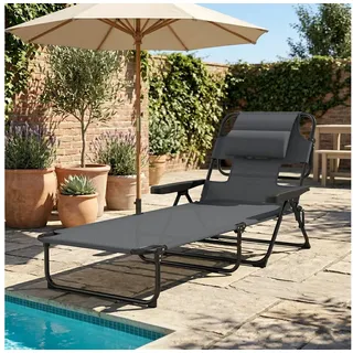 Outsunny Gartenliege Sonnenliege mit Lesefenster, Liegestuhl 4-fach verstellbar, Campingliege, 1 St., Relaxliege, für Garten Strand Pool, Dunkelgrau grau