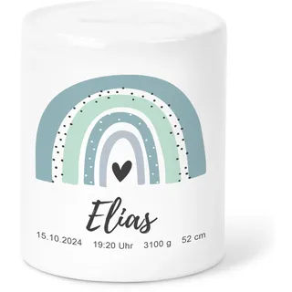 Spardose Baby personalisiert mit Namen für Jungen & Mädchen Geschenk zur Geburt Geldgeschenk Babygeschenk Sparkasse Sparbox Sparschwein aus Keramik (Regenbogen Blau)