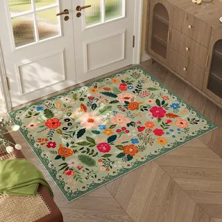 ARRITS Grün Fußmatte Innen 60x90 cm Kleiner Boho Bumen Eingangsbereich Neutral Vintage Waschbarer Teppich Blumenmuster Weich rutschfest Kurzflor Carpet für Bad Küche Haustür Schlafzimmer Bedroom