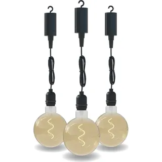 Calex Hängelampe, Pendel Außenbeleuchtung mit Batterie, Filament Gold, Dekorative Lampe, 4 Lumen Sanfte Lichtleistung, 3er Pack - Schwarz