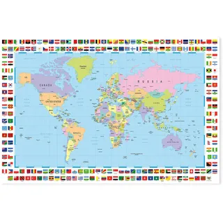 Postereck - 0609 - Politische Weltkarte, Flaggen Länder Kontinente - Unterricht Klassenzimmer Schule Wandposter Fotoposter Bilder Wandbild Wandbilder - Poster - DIN A3-29,7 cm x 42,0 cm