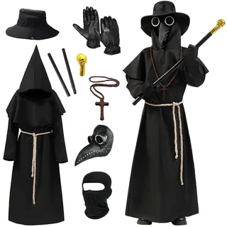HaoVrisn Pestdoktor Kostüm Kinder, Gruseliges Halloween Outfit Set mit Maske, Umhang, Robe, Hut, Handschuhen, Gehstock & Gürtel – Kostüm Halloween Kinder 4-12 Jahre