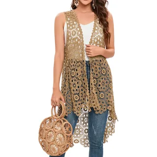 Lässige lange Häkelweste für Damen, lockere Passform, Boho-Spitze, ärmellos, Cardigan - Einheitsgröße
