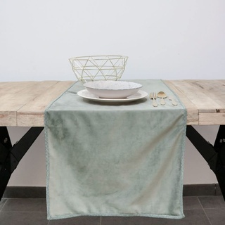 Tischläufer aus Samt mit bestickter Bordüre, Tischläufer, Samt, Tischsets, Tischdekoration, Salbeigrün, 135 x 40 cm