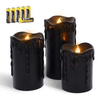 Rhytsing 3er Schwarzen LED Kerzen mit Timerfunktion für Halloween, Flammenlose Wachskerzen Echtes Wachstropfen-Optik für Winter - H 10/12,5/15 cm
