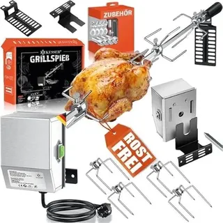 KESSER® Edelstahl Grillspieß Set 107cm passend für Weber Spirit Gasgrill, BBQ Fleischklammer, Griffstück und Motor Elektrischer Drehspieß 220V - 240V, Inkl. 4X Fleischnadeln und Montagezubehör Silber