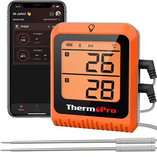 ThermoPro Fleischthermometermit 2 Sonden Grillthermometer 150 Meter, Empfängt Bluetooth Bratenthermometer mit Timer und Alarmfunktion, Thermometer Kochen für Fleisch, Grill, Ofen