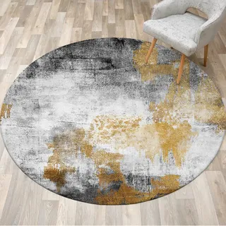 ARUGYTEI Teppich Rund,Schwarz grau orange gelb abstrakt modern,Kurzflor Teppiche weich Matte für Stuhl Sofa Wohnzimmer Schlafzimmer Kinderzimmer Couch, Black, ø 60 cm