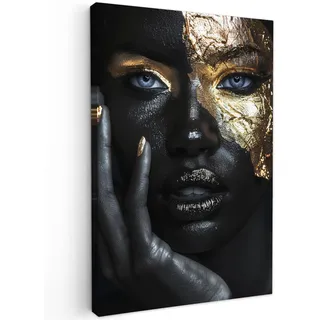 LEINWANDBILD Frau - Gold - Porträt - Schwarz-Weiß - Luxus Deko XXL 80x120 cm