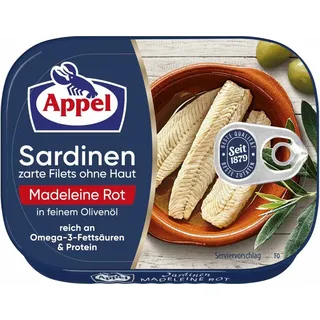 Appel Sardinen zarte Filets ohne Haut Madeleine Rot in feinem Olivenöl (105g Dose)