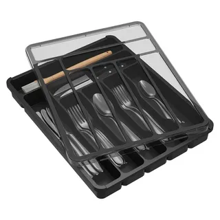 Besteckkasten mit Deckel, 32.5*30.5*5.5cm, mit 6 Fächern, Kunststoff-Schubladenorganizer, Küchenbesteckkorb für Backmesser, Gabeln und Löffel, ... - Schwarz