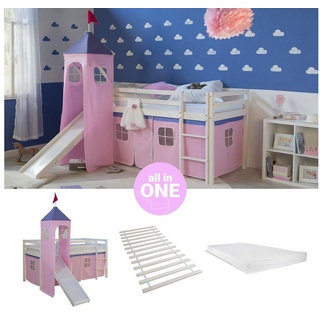 Homestyle4u Hochbett Kinderbett mit Leiter und Vorhang Weiß Rosa Holz Kiefer mit Lattenrost, Matratze, Rutsche und Turm weiß