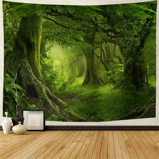 Jorisa Psychedelisch Regenwald Tapisserie Wandteppich,Grün Dschungel Wald Bäume Hintergrund Stoff Natur Landschaft Wandtuch Wandbehang für Wohnzimmer,Schlafzimmer,Wohnheim,150x200cm