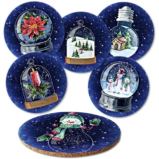 Addies Glas-Untersetzer 6-tlg. Set"Weihnachten" in hochwertiger Klarsicht-Geschenkbox und Korkrückseite, rund, 6 Motive