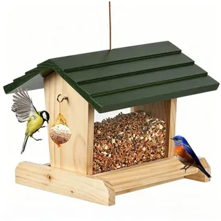 JAZUIHA Vogelfutterhaus Holz mit Meisenknödelhalter wetterfest 20x23x20cm