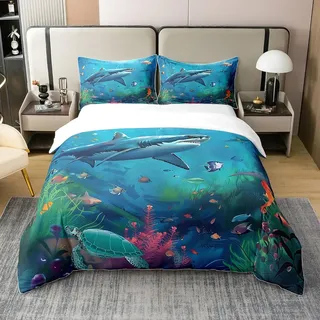 100% Baumwolle 3D Hai 135x200 Bettbezug, Strand Fisch Meer Blau Bettwäsche Set, Unterwasser Welt für Kinder Jungen Teens, Sealife Ocean Creature mit Reißverschluss