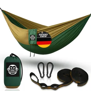 Monkey Swing Hängematte Ultraleicht inkl. Karabiner & Schwerlastgurten (bis 300  kg belastbar, 275 x 140 cm) – ideal für Camping, Outdoor, Trekking & als Reisehängematte (Grün/Khaki)