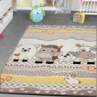 TT Home Kinder Teppich Bauernhof Design Lustige Tiere Kinderzimmer Teppiche Beige Creme, Größe:160x230 cm