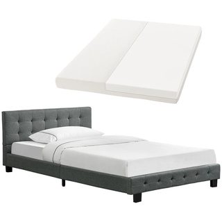 Juskys Polsterbett Manresa 120x200 cm - Bettgestell mit Matratze, Lattenrost & Kopfteil – grau