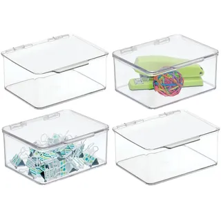 mDesign 4er-Set Schreibtisch Organizer – stapelbarer Büro Organizer aus BPA-freiem Kunststoff – kleine Aufbewahrungsbox mit Klappdeckel für Stifte, Radiergummi und anderes Bürozubehör – durchsichtig