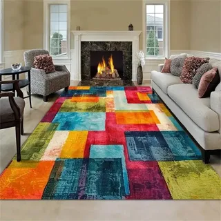 Kuluoits Abstrakter Geometrischer Teppich, 60x90cm, Vintage-Patchwork Mit Farbenfrohem Karomuster, Stilvoller, Künstlerischer Wohnzimmerteppich, rutschfest, Waschbar, für Wohnzimmer, Eingangsbereiche