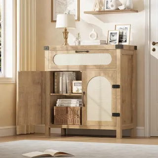 GarveeMore Rattan Sideboard Mit Schublade & Verstellbaren Regalböden, Vielseitig Aufbewahrungsschrank Für Flur Wohnzimmer Küche Esszimmer – Boho Möbelstück Buffet, 76×35×H84, Holz
