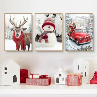 Sarah Duke 3er Poster Set Moderne Weihnachten Wandbilder Bilder Set, Schneemann Winter Kunst Bilder Set für Wohnzimmer Schlafzimmer Wanddeko, Ohne Rahmen (Schneemann,30x40cm)