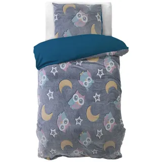 Sleeptime Kinderbettwäsche glow in the dark bettwäsche 135x200cm Mond Sterne Eule leuchtet, Microfaser, 2 teilig, bettwäsche leuchtend für Jungen und Mädchen als Geschenk Weihnachten blau