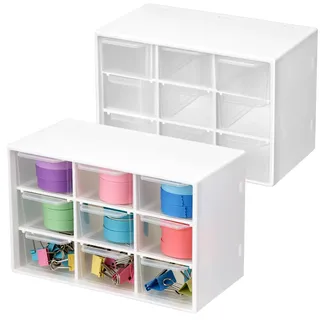 QWORK® 2 Stück Bastelbox Aufbewahrung, 18 x 12 x 9,7 cm Mini Aufbewahrungsbox mit 9 Schubladen, Transparente Kunststoff-Schubladenbox für Büro, Kosmetik & Accessoires