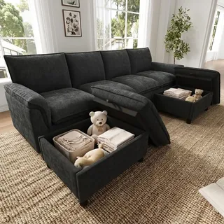 Merax 4 Sitzer Modulares Big Sofa mit Stauraum, U-Form Ecksofa Wohnlandschaft aus Chenille, Cloud Sofa mit Deep Seat und 2 beweglichen Fußhockern, hohe Rückenlehne, Schwarz