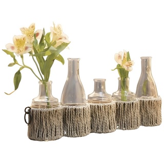 Dekoleidenschaft Tischvase "Flaschen" Vasenhalter aus Metall & Papierschnur, Vasenset mit 5, Glasvasen in Flaschenform, Tischdeko, Blumenvase, Flaschenvase beige