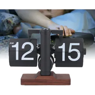 Klappbare Tischuhr 12h - Schwarzer Rahmen, Weiße Ziffern, Retro-automatik, Holzsockel (304 Edelstahl Pvc)