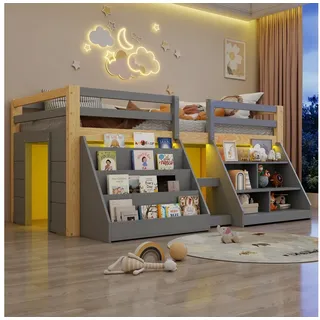 Flieks Hochbett Kinderbett Halbhochbett Holzbett 90x200cm mit 2 Stauraumregal und LED grau