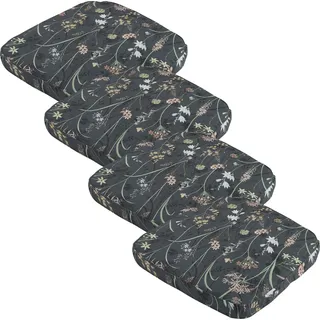 4er-Set Bequemes Stuhlkissen Outdoor, Blumenmuster anthrazit, 48 x 48 cm, wetterfestes & wasserabweisend Sitzkissen, stilvoll für Garten, Terrasse & Balkon