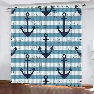 GIOVIA 3D Anker Vorhänge Abdunkelnde Ozean Maritim Kindervorhänge Vorhang mit ösen 2er Set Gardinen Blickdicht Verdunkelungs für Kinderzimmer Schlafzimmer Wohnzimmer B 110 X H 95 cm