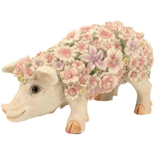 Online-Fuchs Gartenfigur Schwein GRASEND mit Blumenkleid Ferkel Tiere groß Deko, (aus Polyresin), Maße ca. 28x14x16 cm, mit Blumen bestückt, Tierfigur, wetterfest weiß