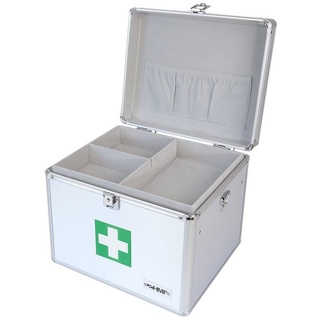 HMF Erste-Hilfe-Koffer Medizinkoffer Arztkoffer für Erstversorgung, erkennbarer Erste-Hilfe Koffer mit Tragegriff, 30x25x25 cm silberfarben
