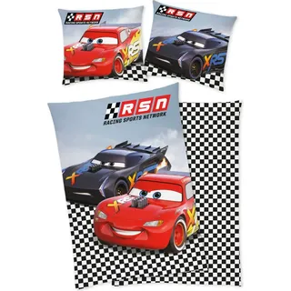 Disney Cars - Auto Bettwäsche 80x80 + 135x200 cm 100% Baumwolle mit Reißverschluss - Bunt/Grau/Rot/Schwarz