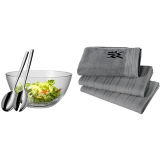 WMF Taverno Salatschüssel Set 3-teilig, Salatbesteck 25 cm mit Salatschale, runde Schale 23,5 cm & Küchenhandtuch-Set 3-teilig, Baumwolle Küchentücher, 2 Geschirrtücher, Handtuch, Geschirrhandtuch