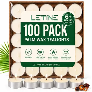 LETINE Natürlich Teelichter 100 Stück, 6 Stunden, 100% Palmwachs, Weiß | Paraffinfrei, Duftfreie Kleine Kerzen, Rauchfrei & Langanhaltend für Weihnachten, Hochzeiten, Wohndekoration und Meditation